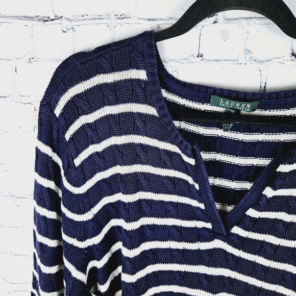 LAUREN RL | cotton blend cable knit v-neck striped sweater - Picture 2 of 8